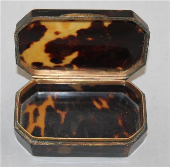 A George III elongated octagonal tortoiseshell snuff box, 3in.